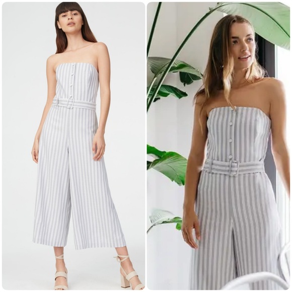 NEW Club Monaco Sz 12 Alberrtah Cropped Striped Wide Leg Jumpsuit Strapless Boho - Picture 1 of 11